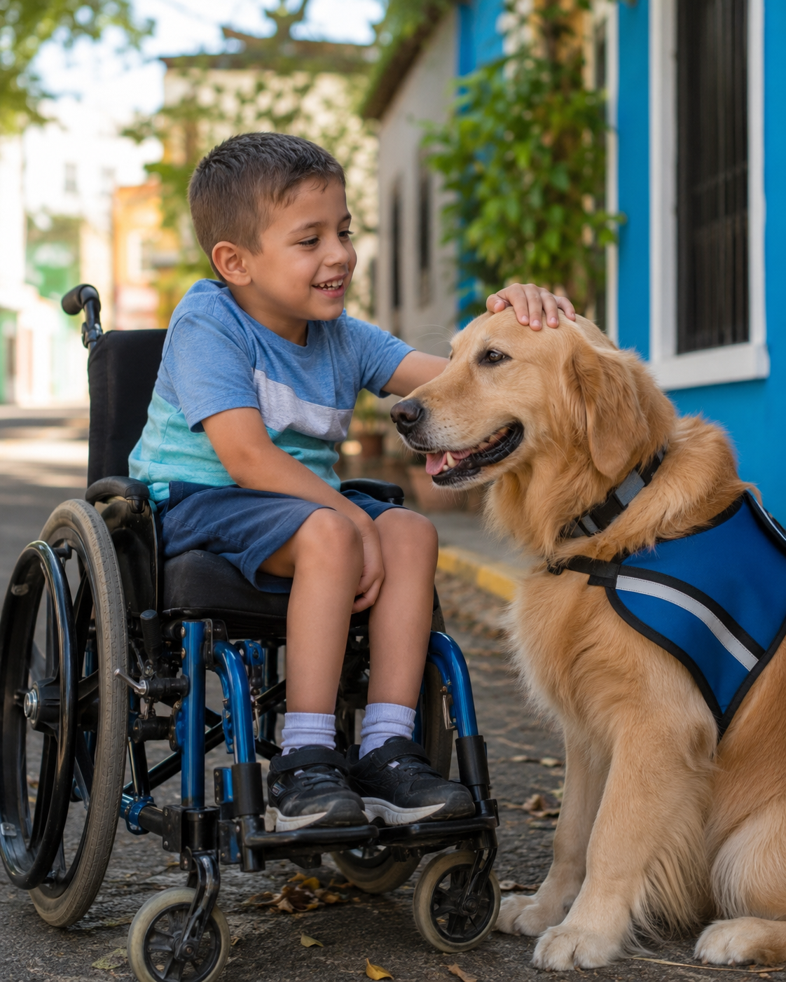 Smiling child in a wheelchair petting a golden service dog wearing a blue vest on a colorful Puerto Rico street