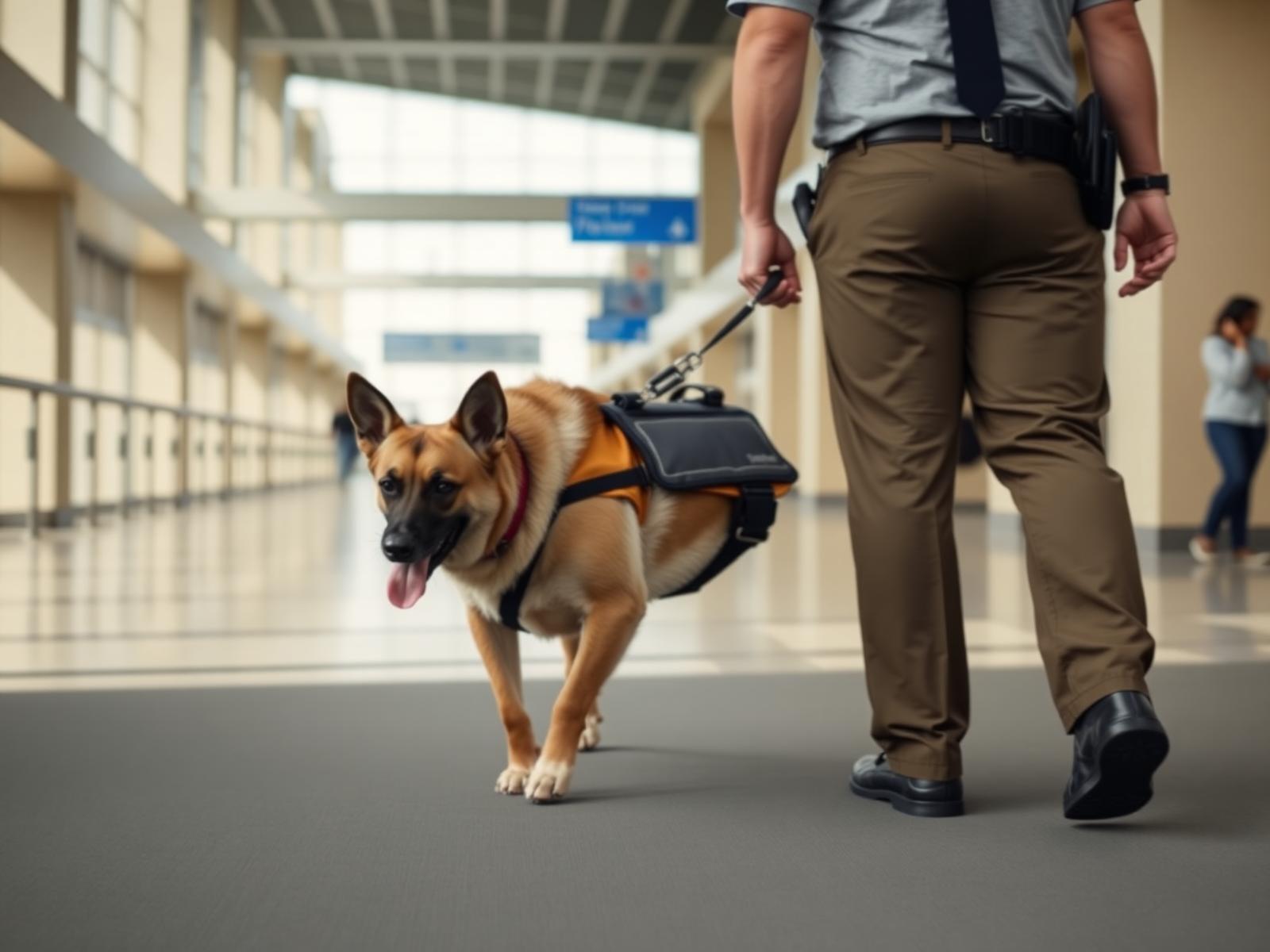 A service dog working calmly in a public setting
