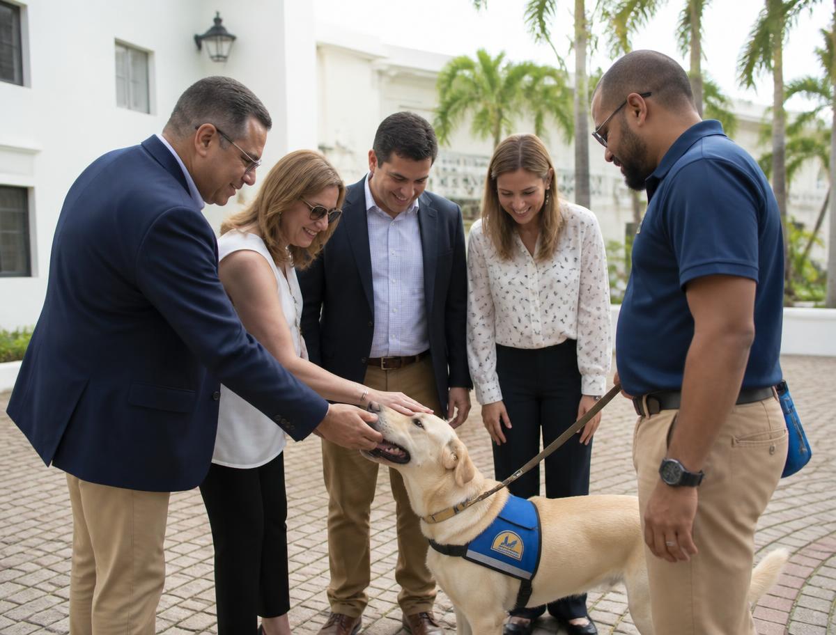 Business leaders greeting a labrador service dog and its handler outdoors