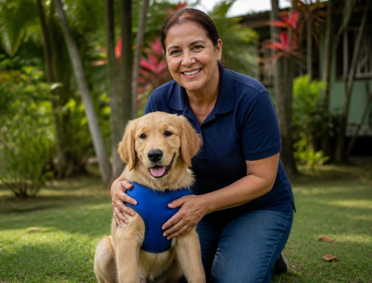 A volunteer kneeling on the grass with a golden retriever puppy in a blue service-dog-in-training vest
