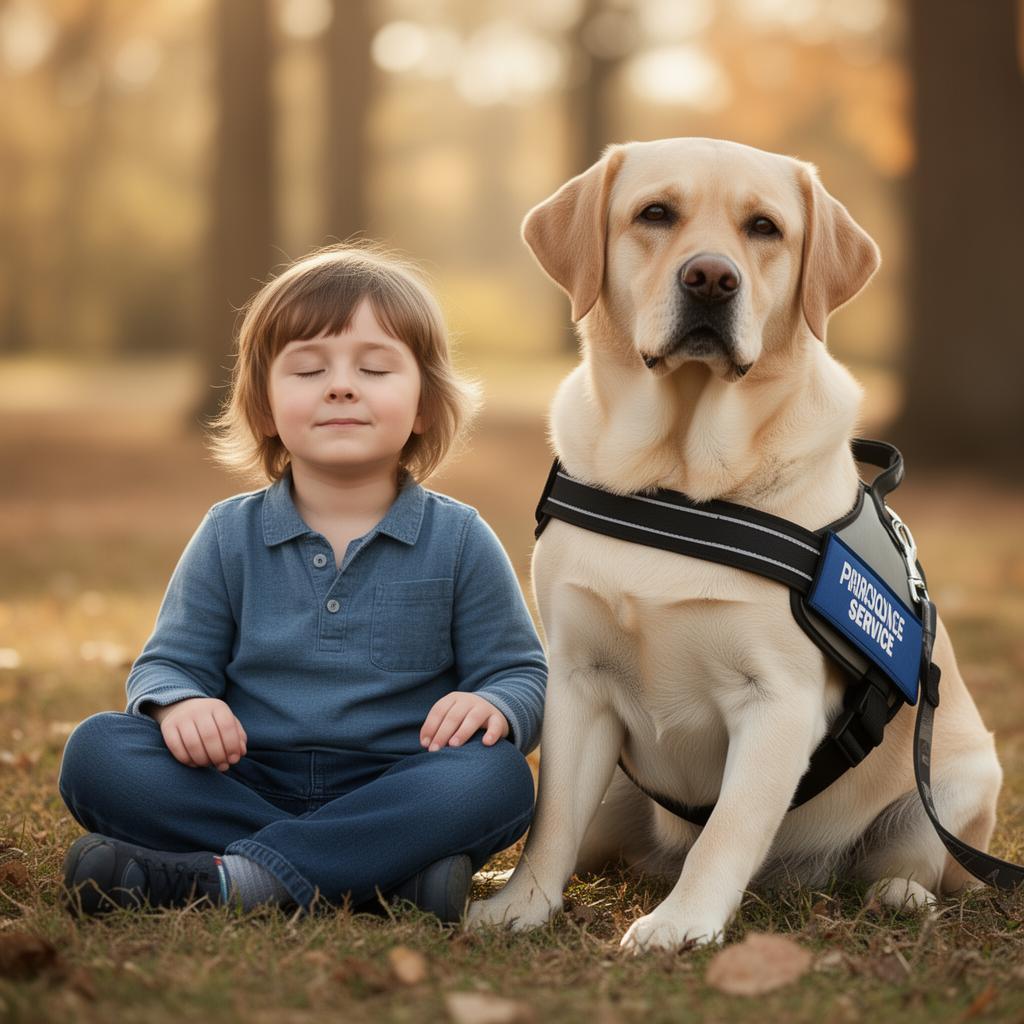 A child beside a Labrador wearing a service dog vest during training